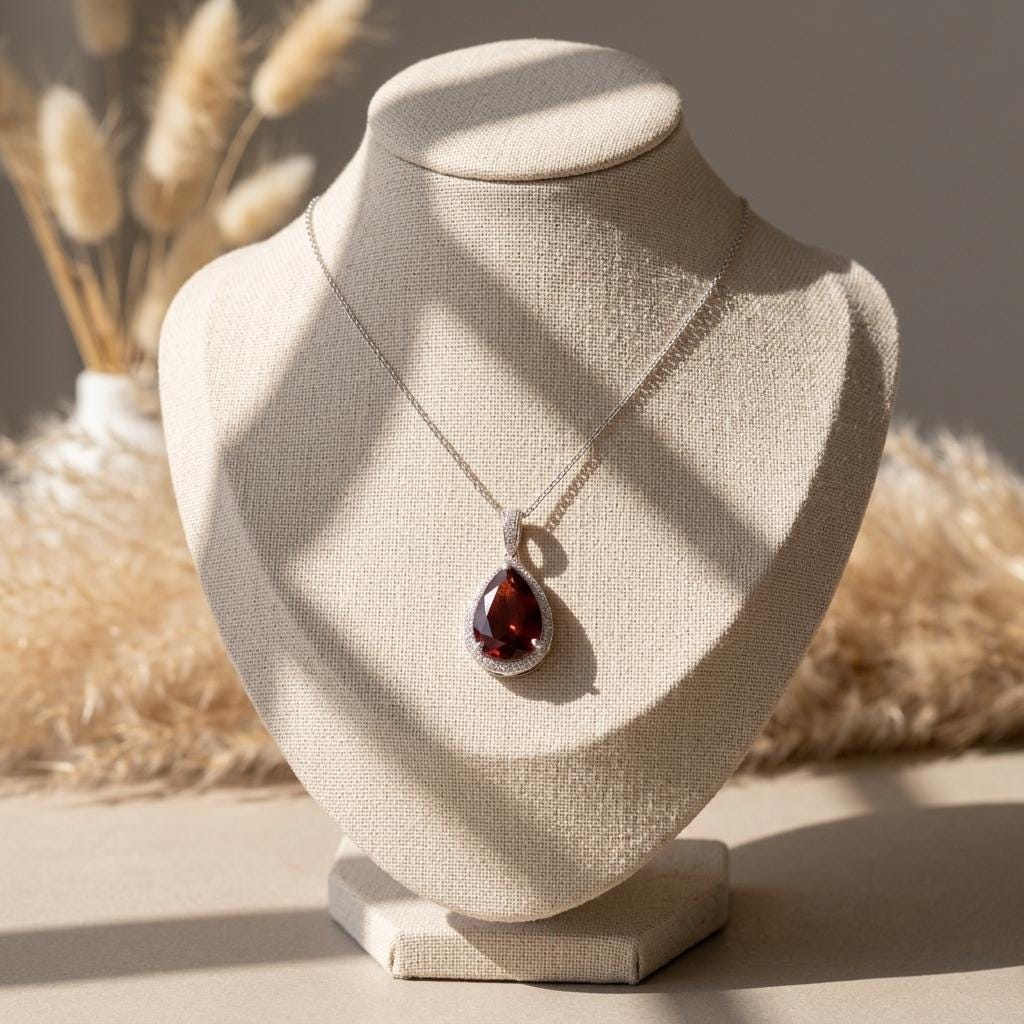 Red Garnet Pendant Necklace | Pear Cut Halo Pendant | 925 Sterling Silver | Garnet Jewelry | January Birthstone Gift | Statement Necklace