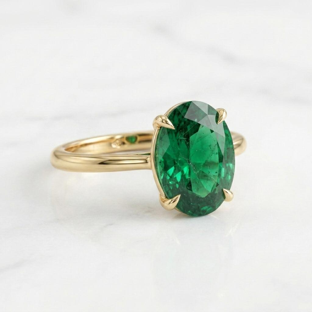 Oval Green Emerald Solitaire Ring