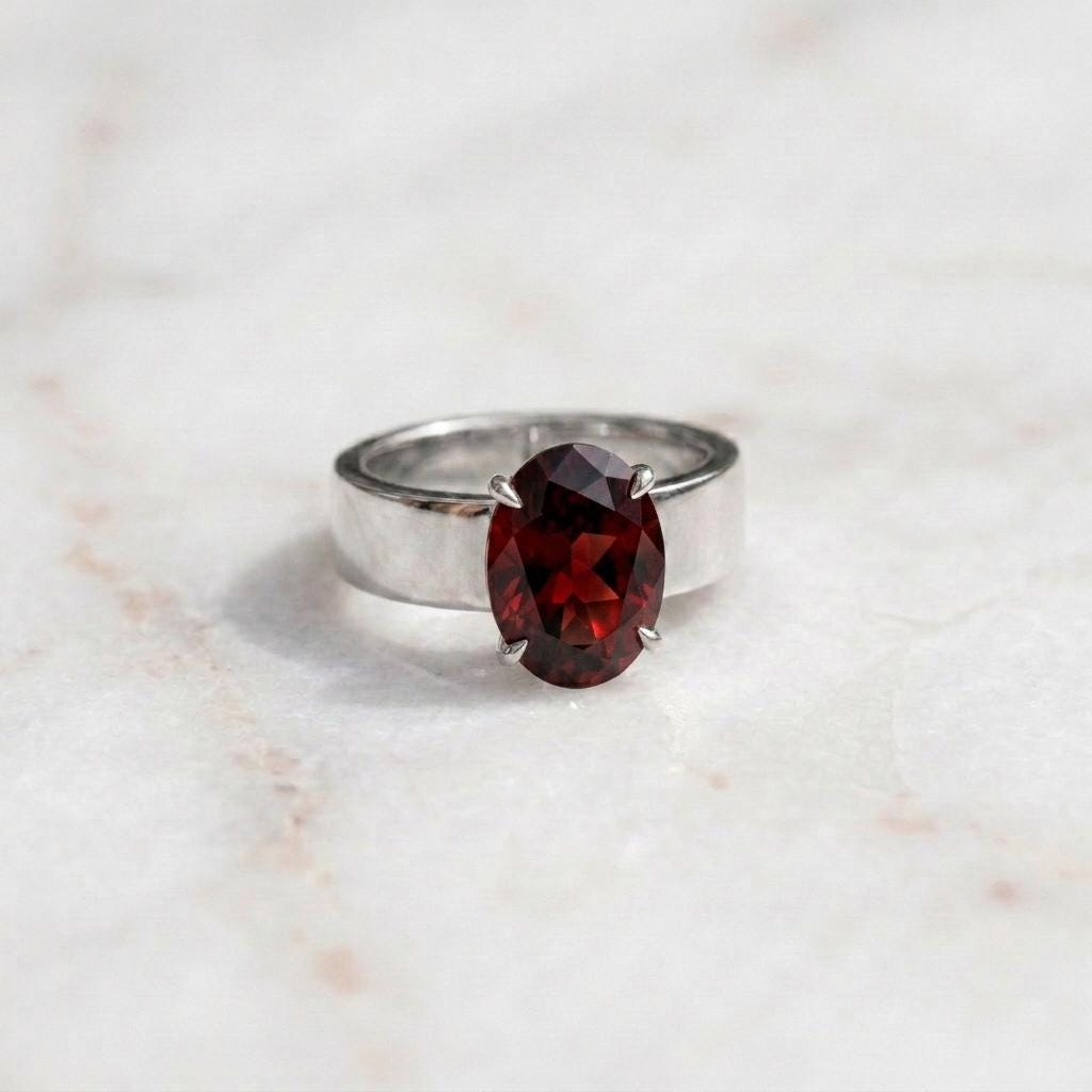 Men's Oval Garnet Solitaire Ring |  Wide Cigar Band Ring for Men | 18K Gold Plated 925 Silver | Red Gemstone Ring | Unisex Statement Ring