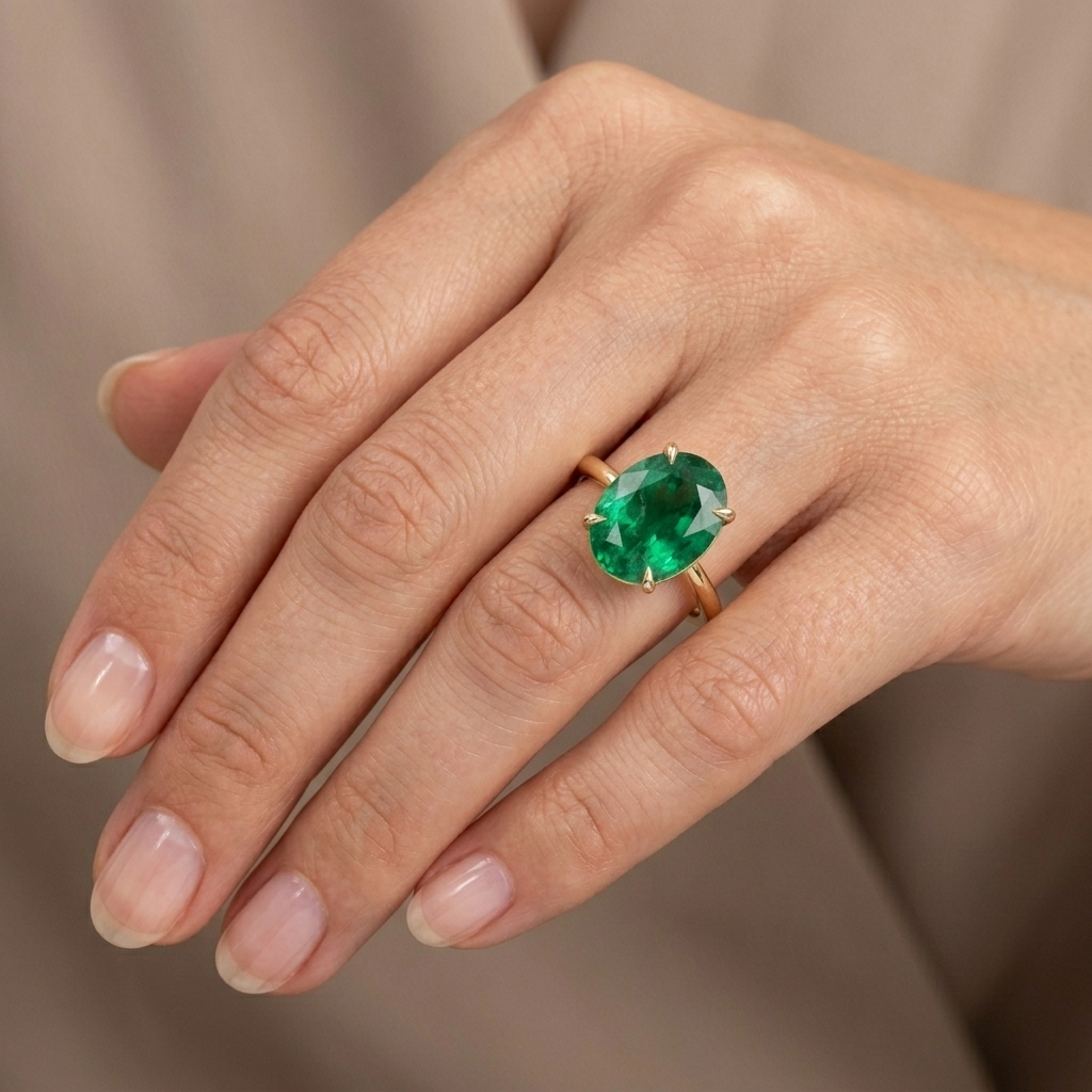 Oval Green Emerald Solitaire Ring