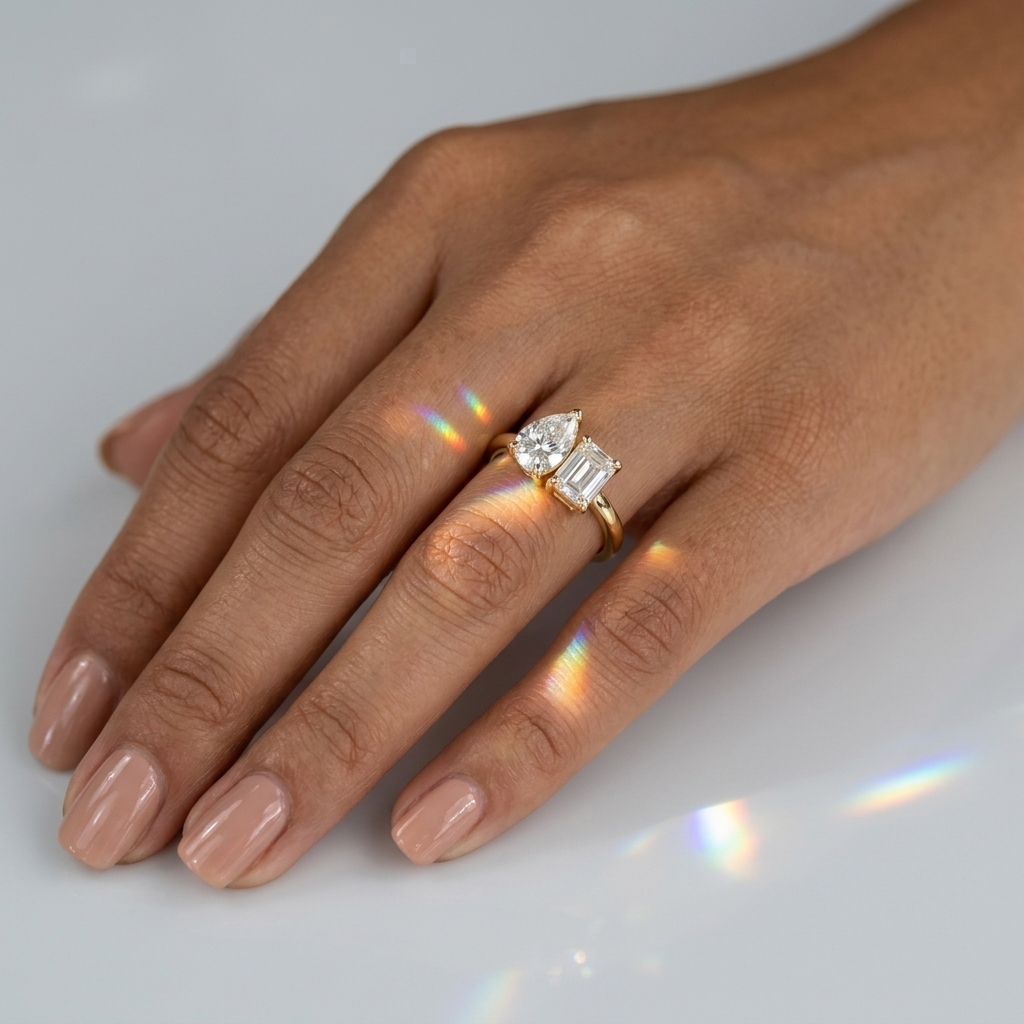 Toi et Moi Pear & Emerald Moissanite Ring