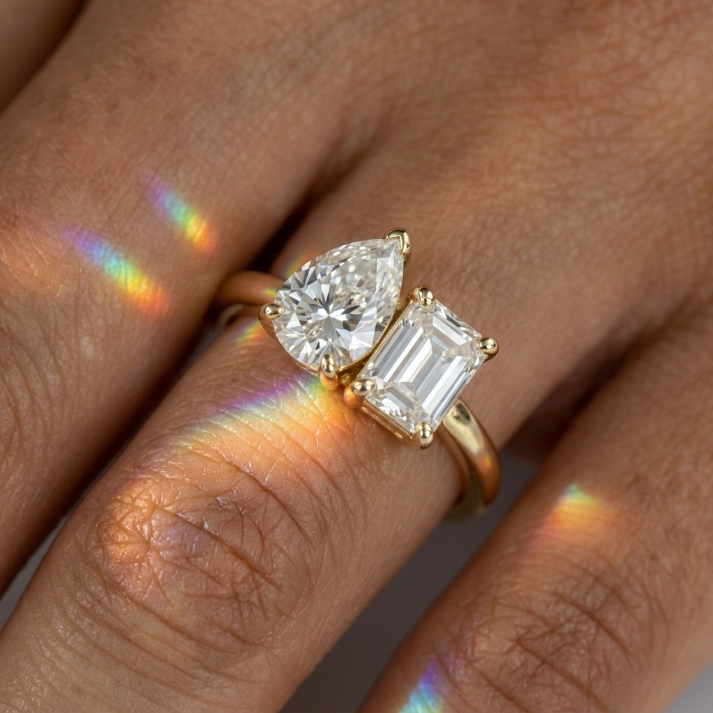 Toi et Moi Pear & Emerald Moissanite Ring